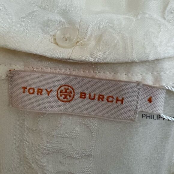 Tory Burch New Ivory Floral Chiffon Bow Blouse Size 4 - Picture 8 of 11